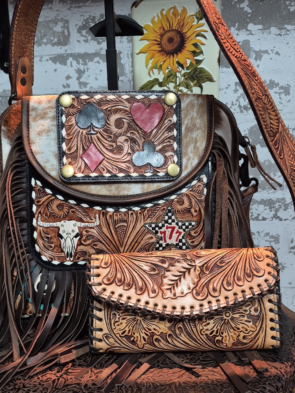 Hand-Tooled Leather Fringe Crossbody Bag with Matching Wallet - Tan Brown